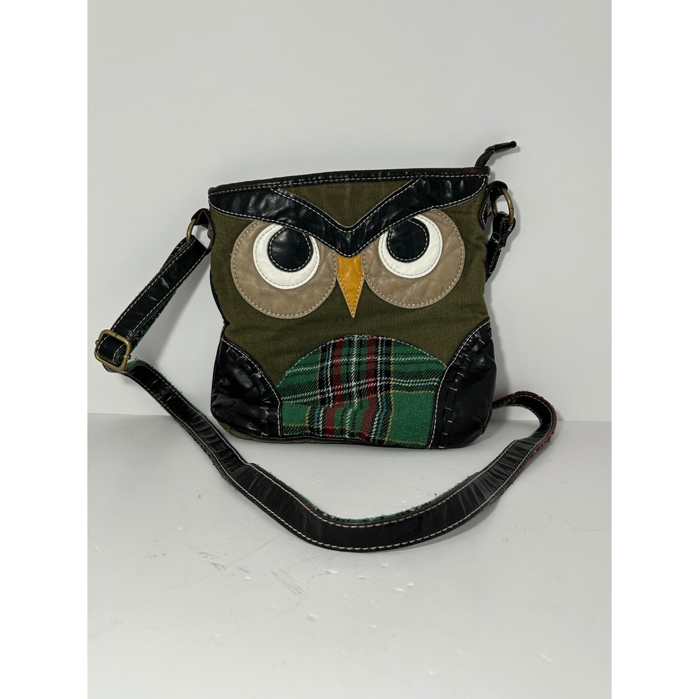 Owl Canvas Plaid Mixed Media Crossbody Bag‎ Olive Green Black Small Messenger